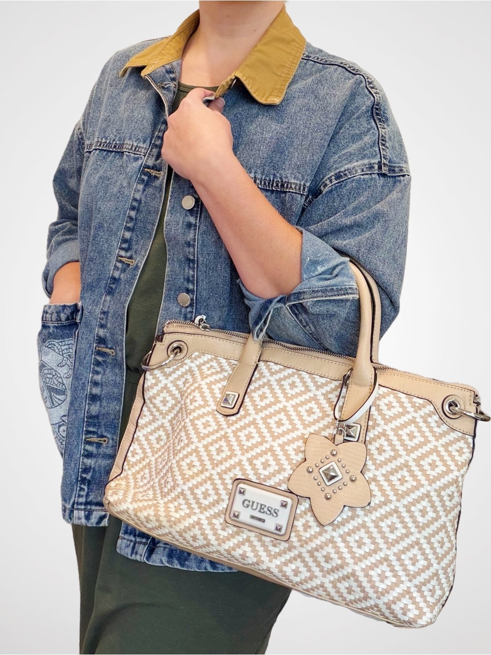 GUESS Y2K Vikky Woven Leather & Patent Shoulder Bag with Charm